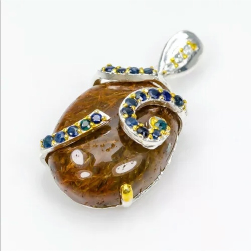 Rutilated quartz, Sapphire 925 artisan pendant